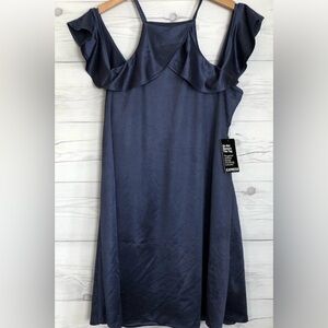 ⭐️ 3/$20 NWT Express blue metallic Ruffle Mini Dress with cold shoulder size M